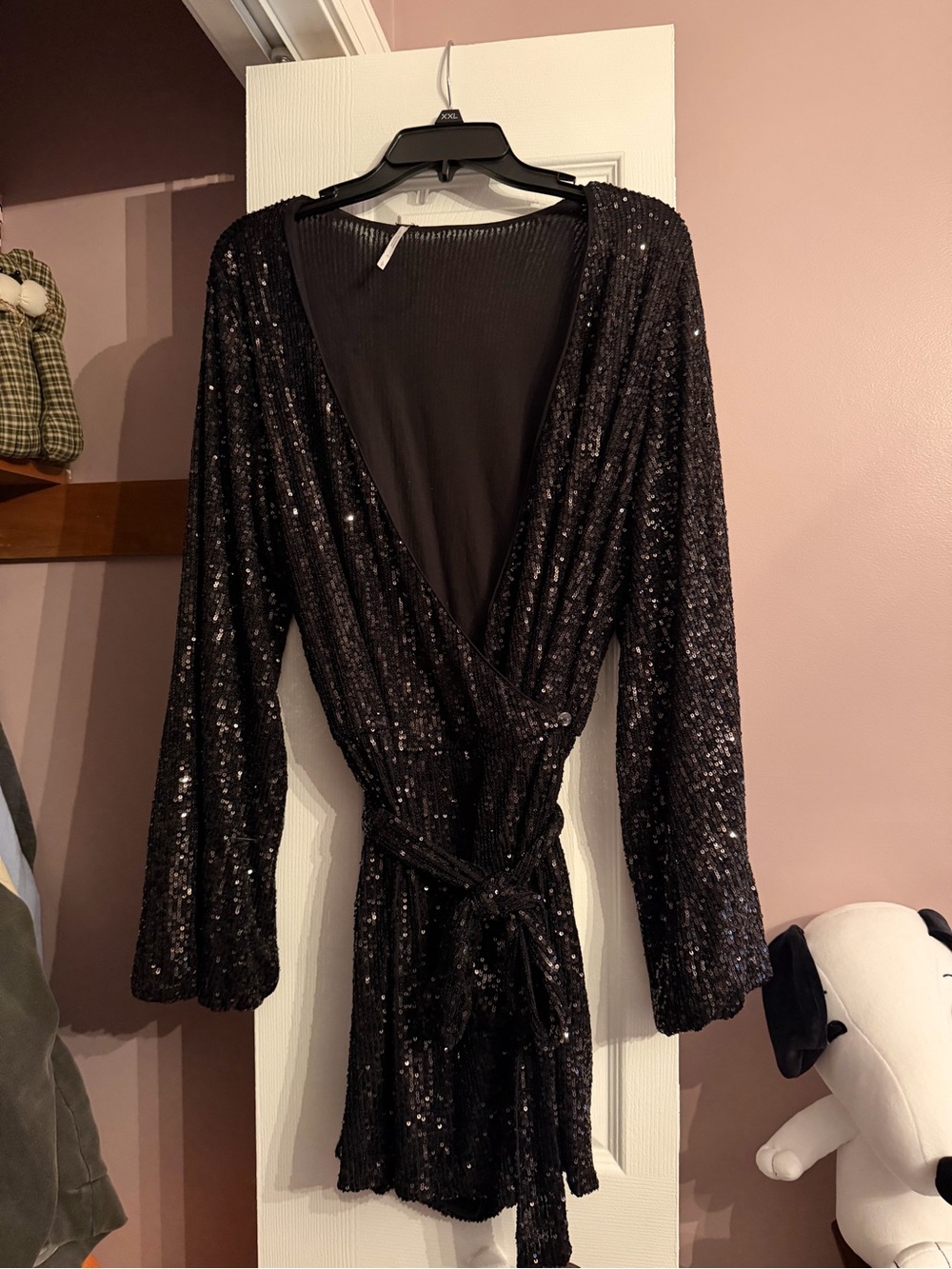 Free People Black Sequin Romper with Tie Waist